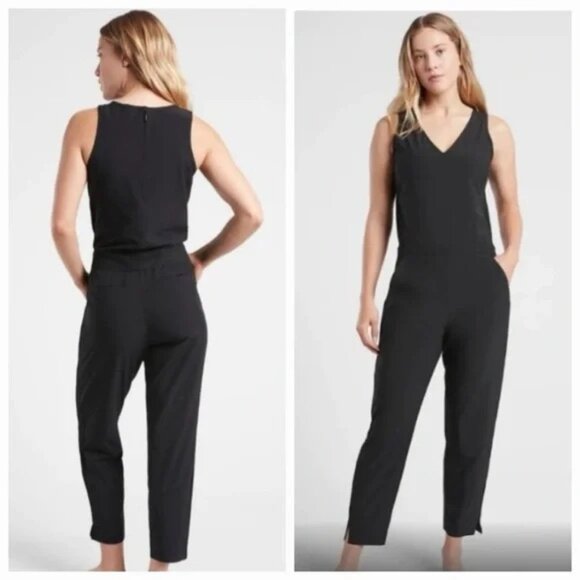 Athleta Pants - ATHLETA womens Brooklyn Jumpsuit size US 12 solid Black sleeveless V-neck